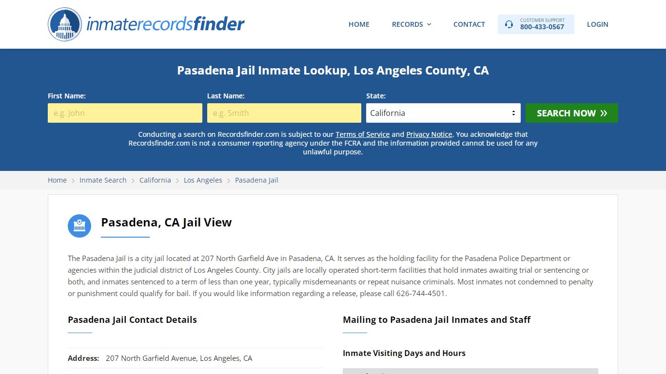 Pasadena Jail Inmate Lookup, Los Angeles County, CA